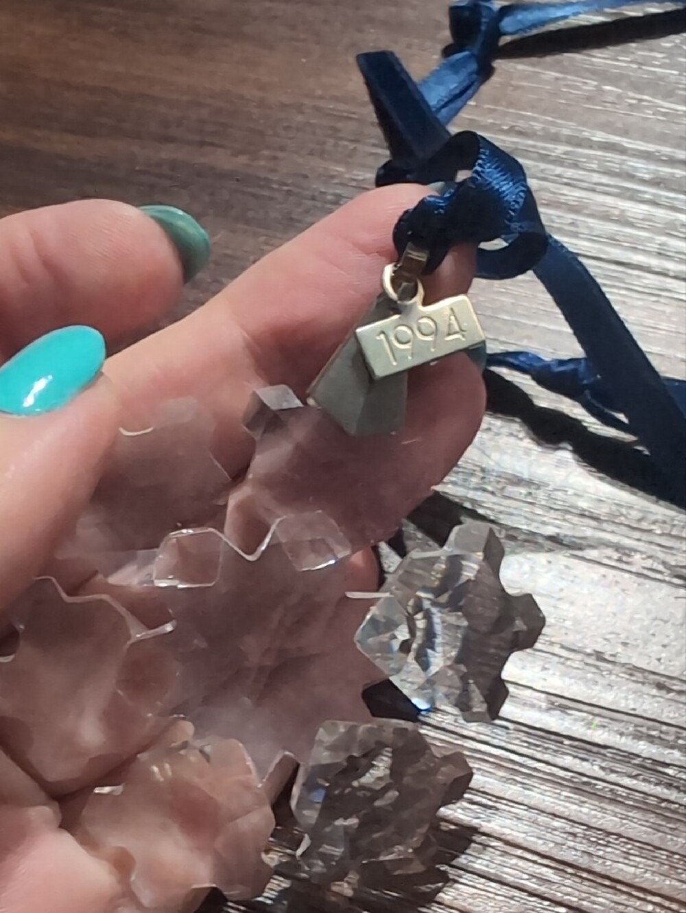 Swarovski Crystal Snowflake and Star Ornaments with Navy Ribbons - Picture 2 of 6